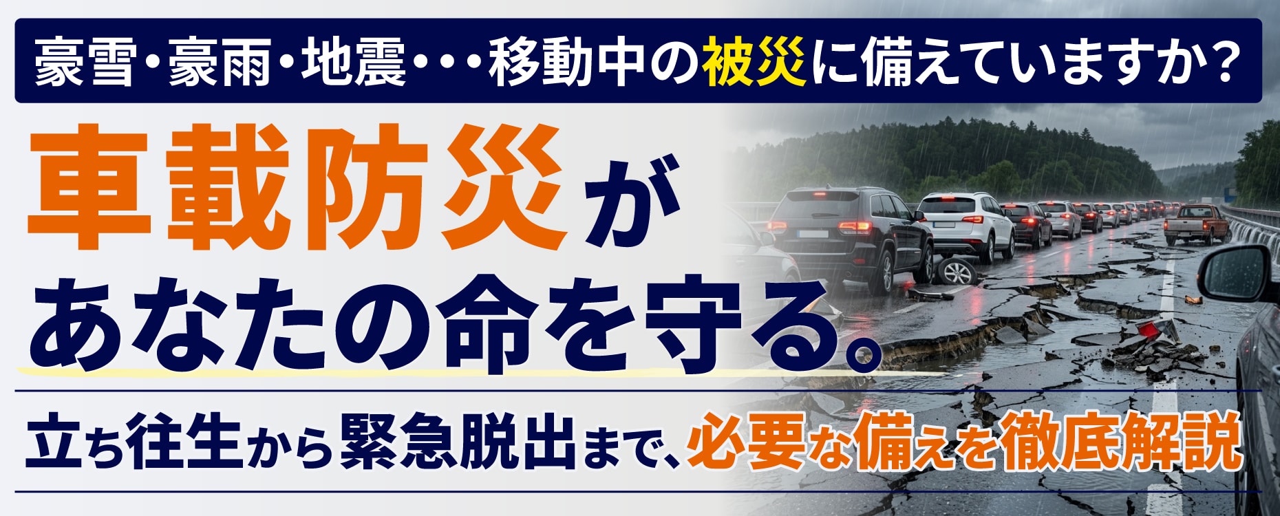 車載防災があなたの命を守る。車に長時間待機せざるを得ない場合の備えから、車中泊避難の注意点（エコノミークラス症候群など）、車から直ぐに離れなければならない備えについて、実際の災害で起きた事例をもとに徹底解説します。