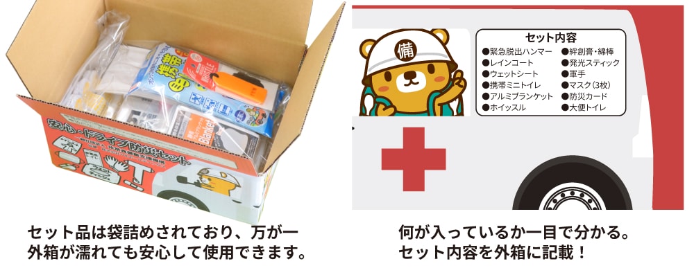 防災セットを届いた箱のままトランクに車載していると、緊急時にトランクが空かないなどで必要な脱出ハンマーが使用できない可能性があります。安心・ドライブ防災セットは緊急時に対応できるよう事前準備を行いやすくするため、脱出ハンマーと防災カードを箱の外に巻き付けて出荷しています。