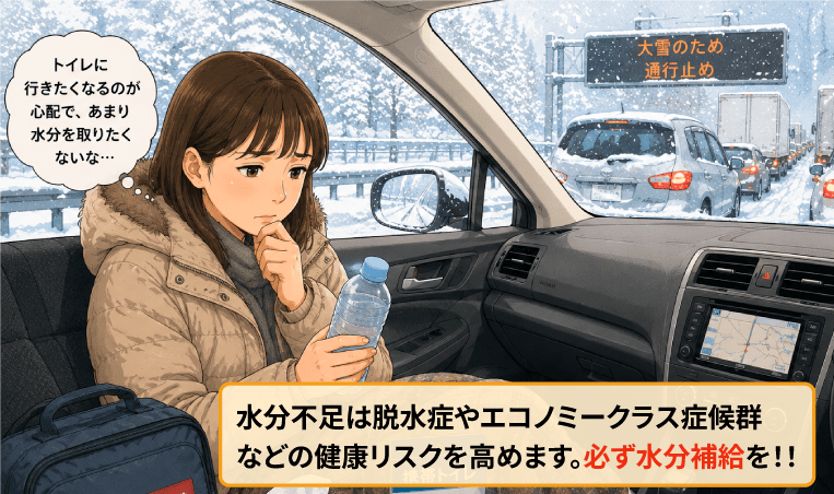 トイレに行きたくないので水分補給を控えると命に関わるエコノミークラス症候群のリスクが上昇するイメージ画像