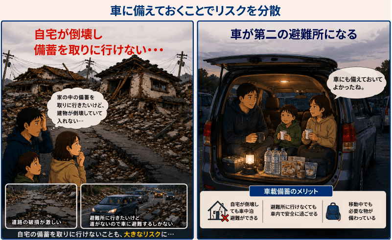 自宅が倒壊した場合は備えていた備蓄を取りに行けなくなりますが、車に備えておくことで、第二の避難場所として車中泊避難は有効な方法の一つです。