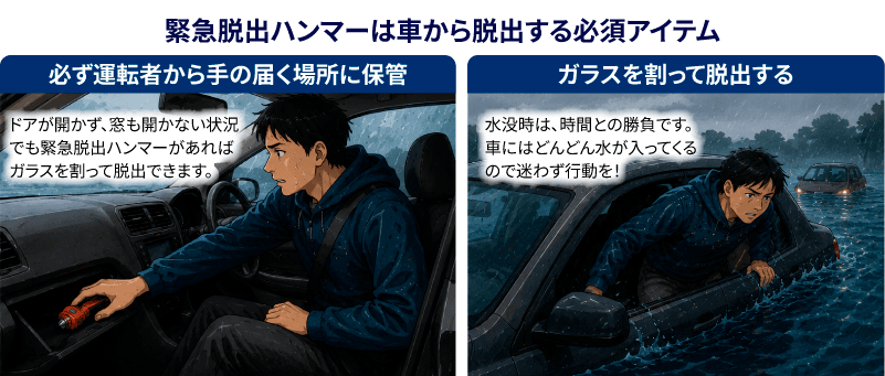 緊急脱出ハンマーは運転者から手の届く範囲に保管しておきましょう。緊急時、ガラスを割って脱出する様子。