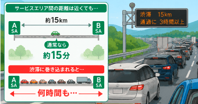 通常15分で到着する区間も渋滞になると何時間もかかるイメージ図。