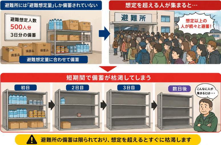 避難所には避難想定量しか備蓄されていないので、想定を超える人が集中すると短期間で備蓄が枯渇するイメージ画像
