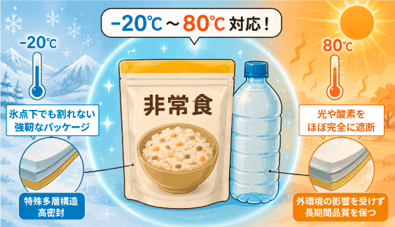 -20℃～80℃の過酷な環境にも耐えられる特殊多層構造パッケージによって光や酸素をほぼ完全に遮断するイメージ画像