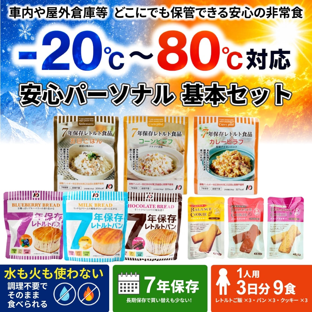 1人3日分の非常食に保存水が付いた商品。