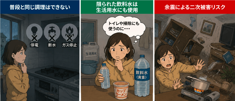 停電・断水・ガス停止によって調理ができない様子、断水で貴重な飲料水を調理に使うことをためらう様子、カセットコンロ使用中に余震が起こり火災に繋がるイメージ画像