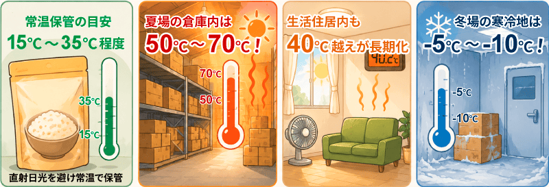 常温保管の非常食を高温になる倉庫や氷点下になる寒冷地に保管するイメージ画像