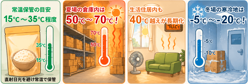 常温保管の非常食を高温になる倉庫や氷点下になる寒冷地に保管するイメージ画像
