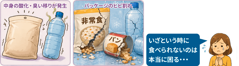 常温保管の非常食を高温や低温環境で保管することで、パッケージの膨張やヒビ割れ、中身の酸化や臭い移りで食べられなくなるイメージ画像