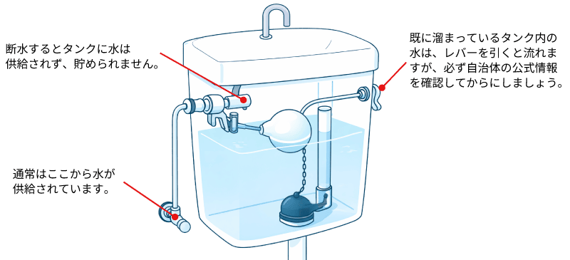 タンク式トイレの水を貯めて流す構造イメージ画像