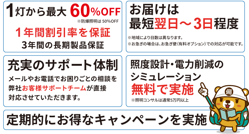 1灯から最大60％OFFの低価格でご提供。お届けは最短翌日～3日程度。充実のサポート体制。照度設計・電力削減のシミュレーションを無料で実施いたします。定期的にお得なキャンペーンを実施。